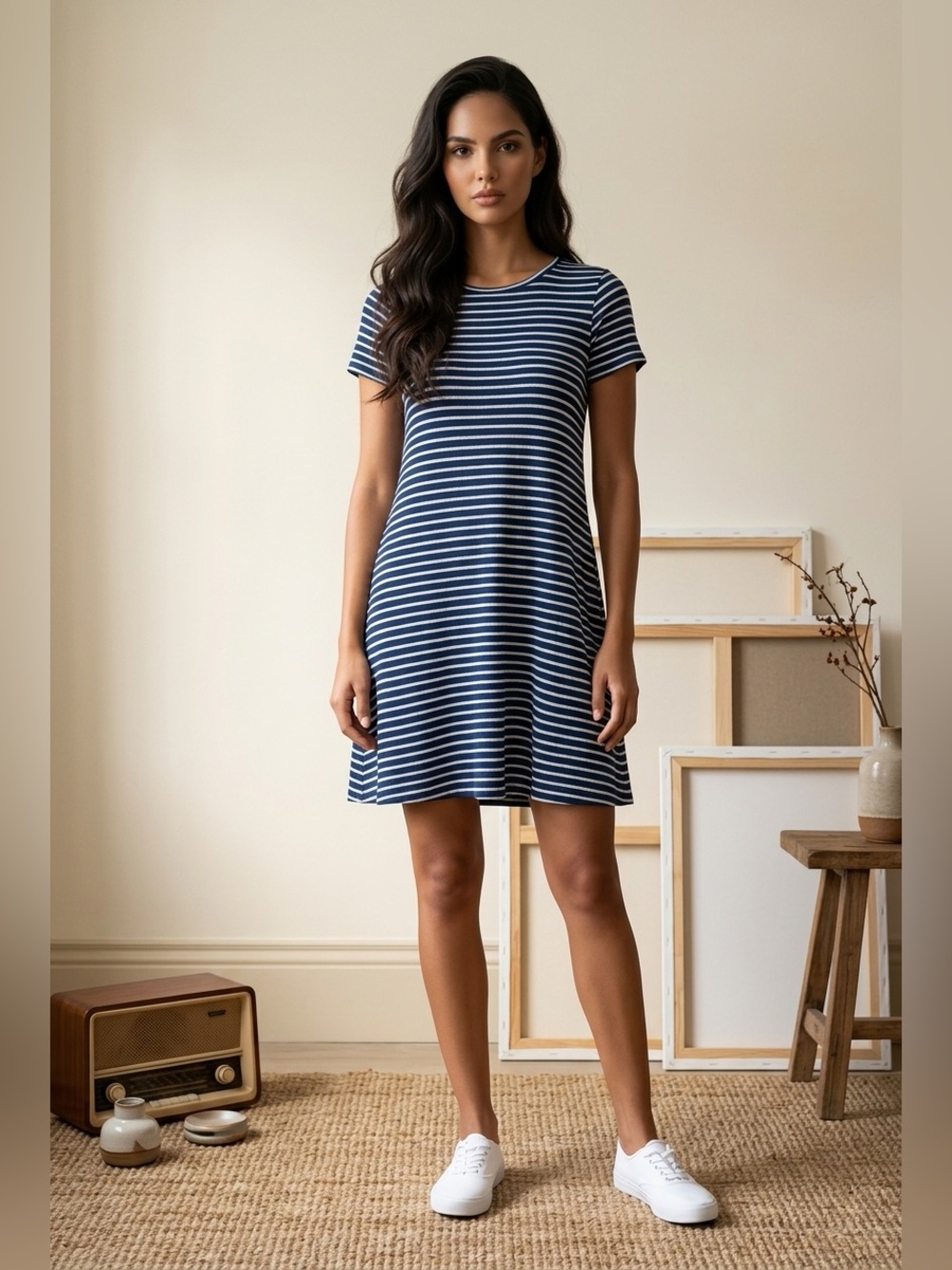Alya Dark Navy & White Striped Button-Back T-Shirt Shift Dress Women’s Small